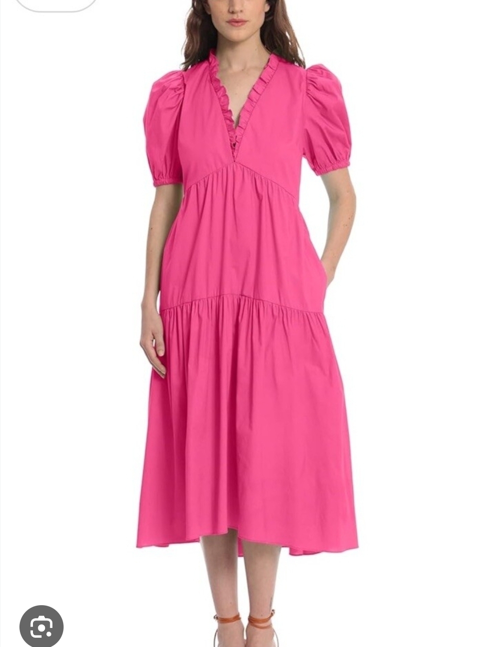Donna Morgan Hot Pink Puff-Sleeve Tiered Midi Dress - Size 16